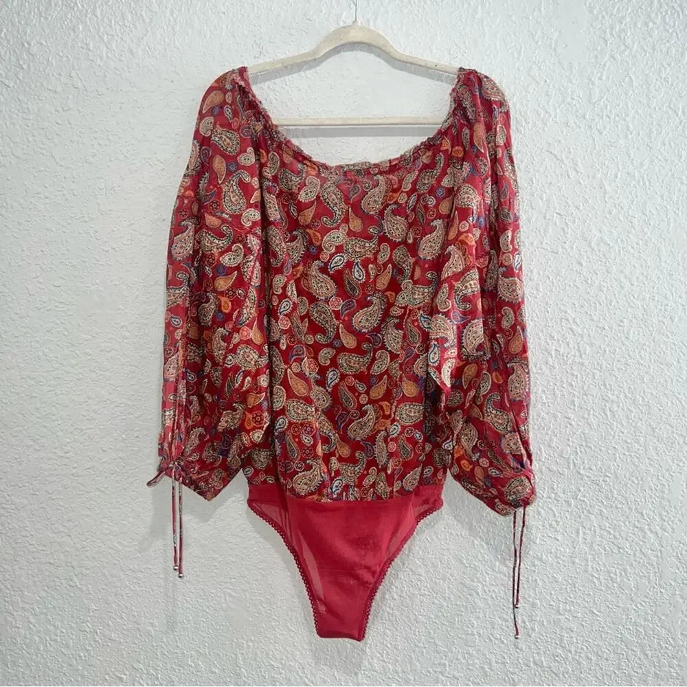 Free People Sundown Bodysuit Red Vintage Combo